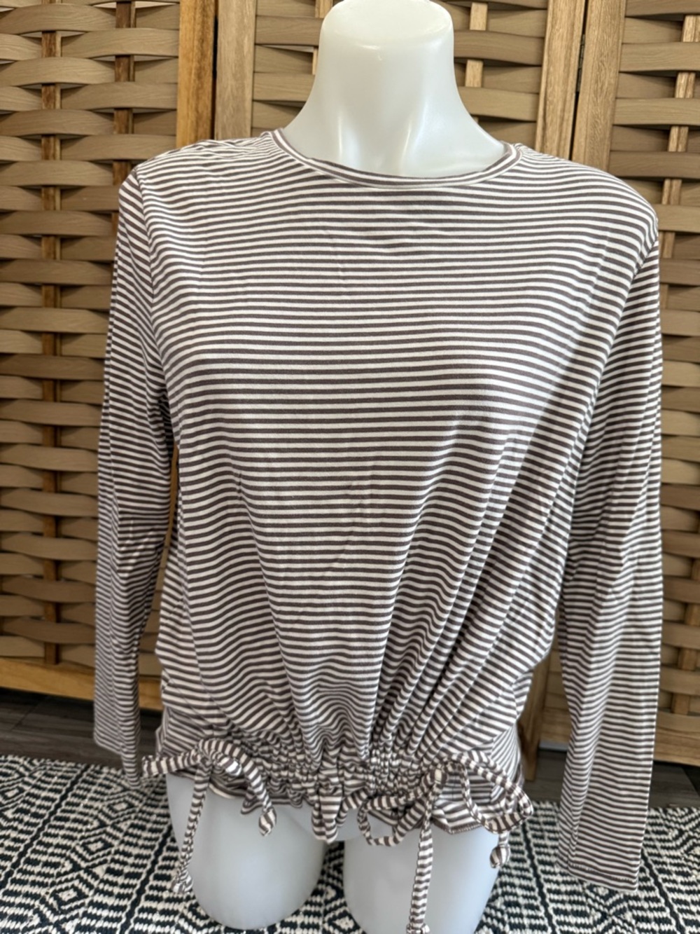 AnyBody Taupe and White Striped Drawstring Hem Long Sleeve Top